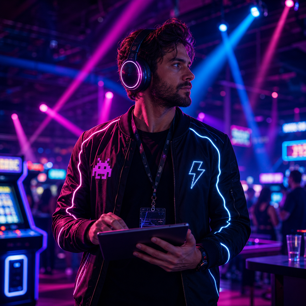 Event producer with neon headphones and a tablet, surrounded by magenta and blue light beams