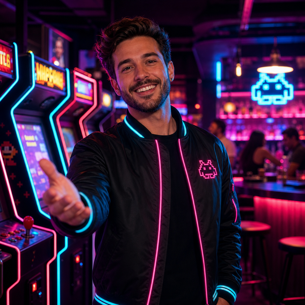 Friendly nightlife host in a black bomber jacket with neon trim, smiling in a glowing arcade lounge