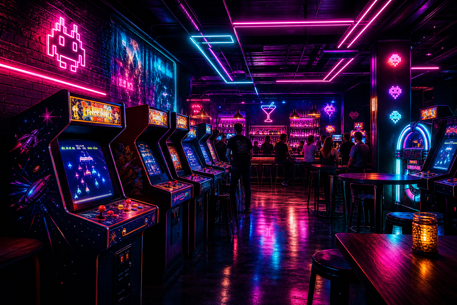 Neon-lit retro arcade bar interior with classic cabinets, glowing magenta and cyan lights, and a lively nightlife crowd