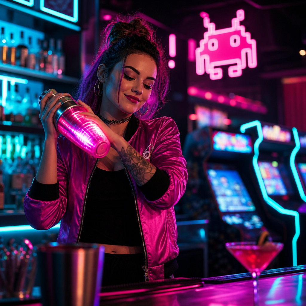 Neon-lit mixologist in a retro arcade bar, wearing a vibrant magenta jacket and shaking a glowing cocktail