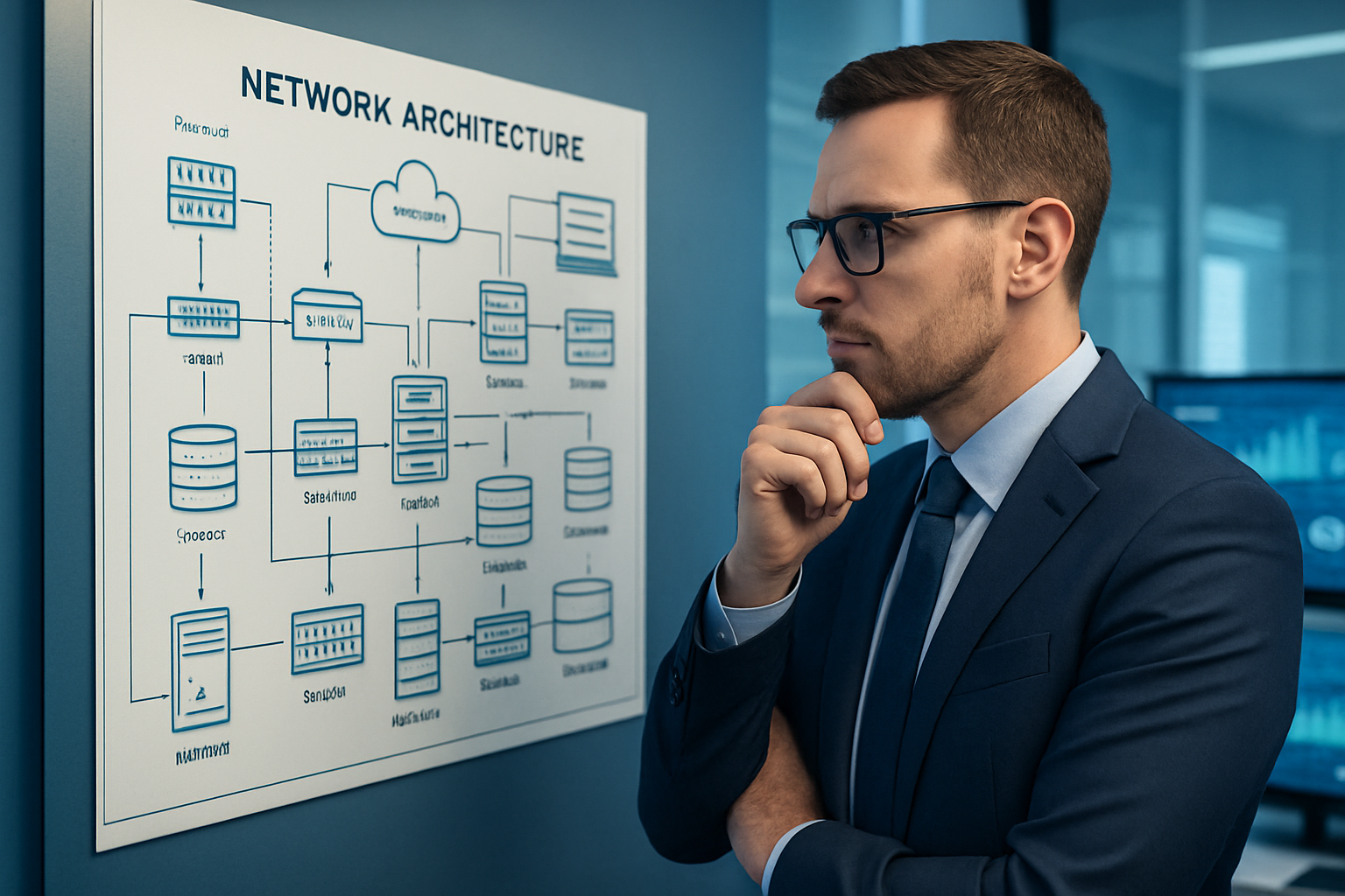 Man analyzing a network architecture diagram