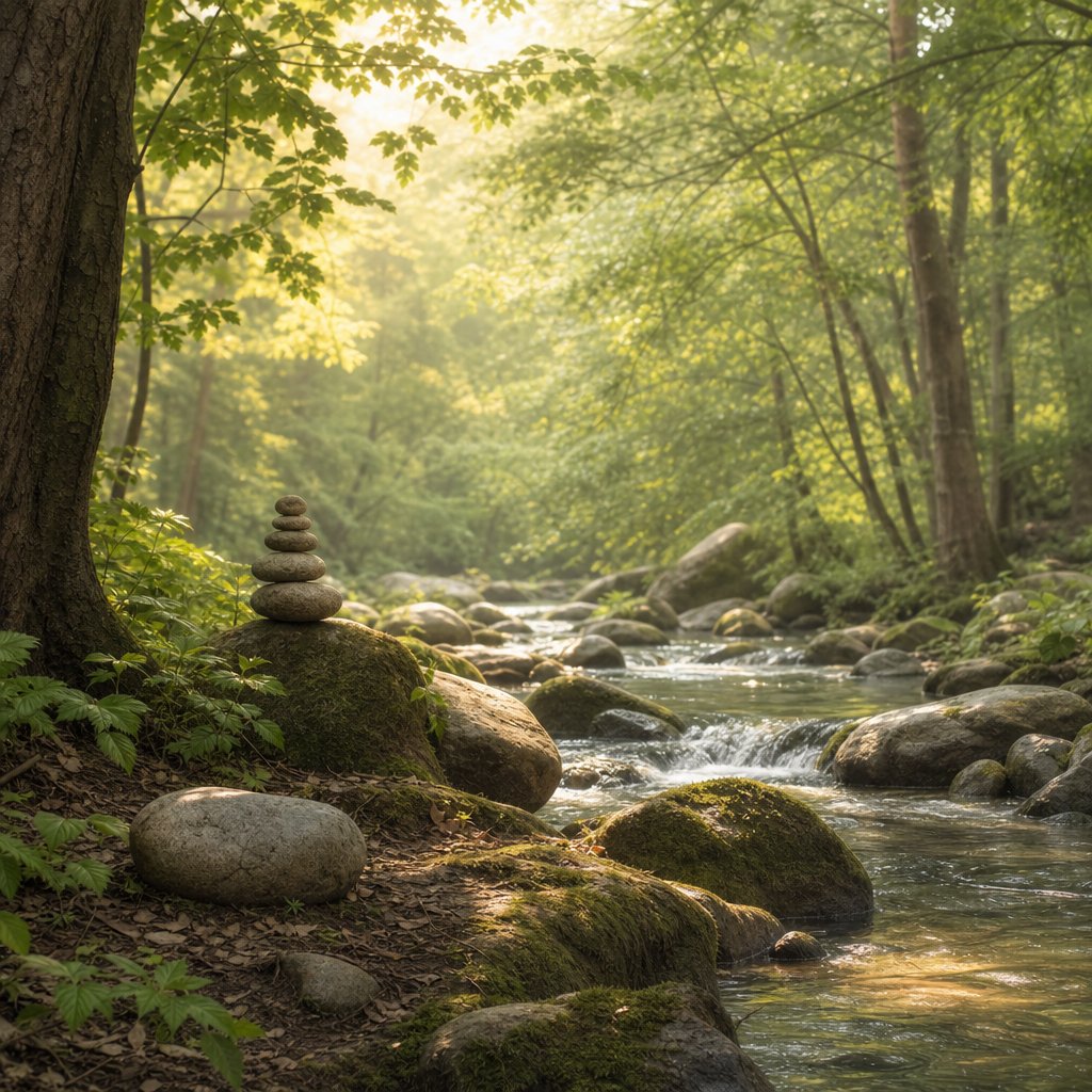 Calm symbolic scene with soft moonlike arcs, flowing energy lines, and organic spiritual motifs