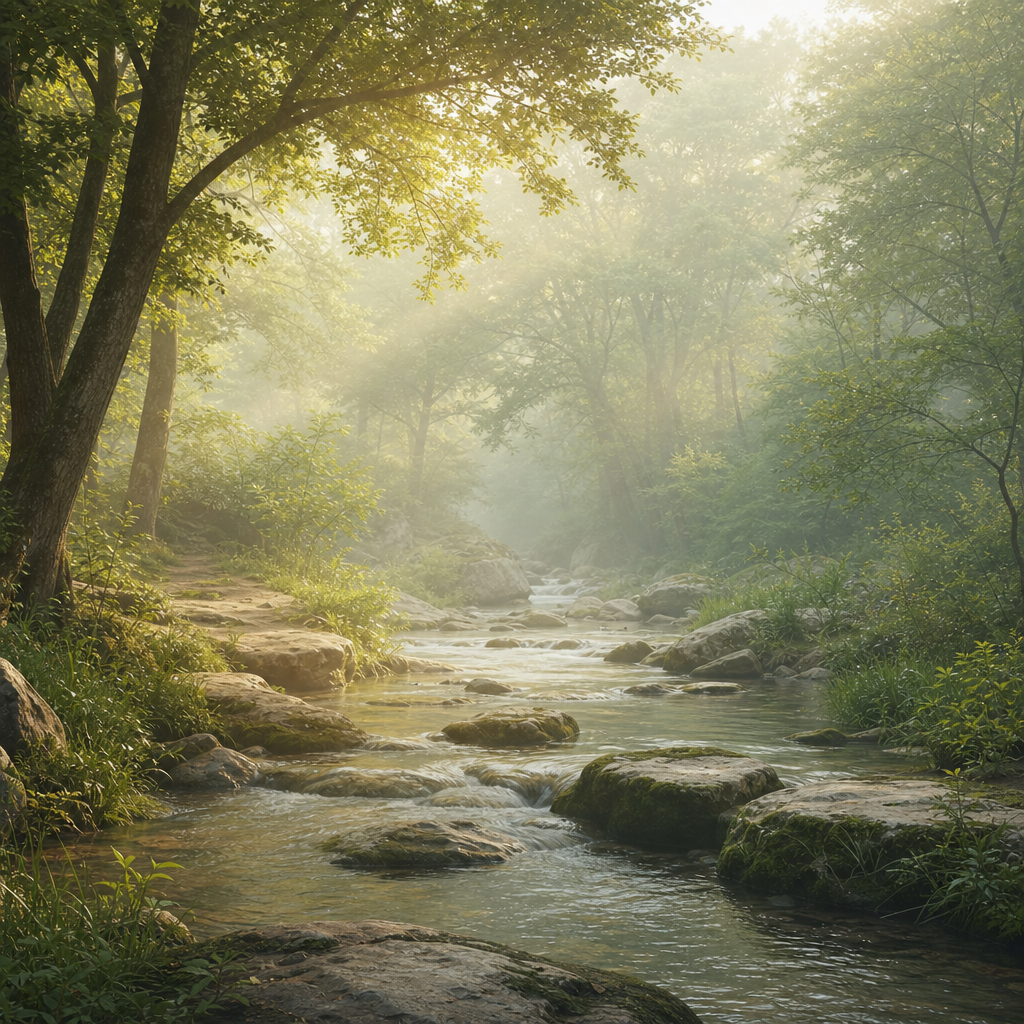 Serene atmospheric illustration with soft glowing textures, flowing luminous lines, and celestial-organic motifs in calming mystical tones
