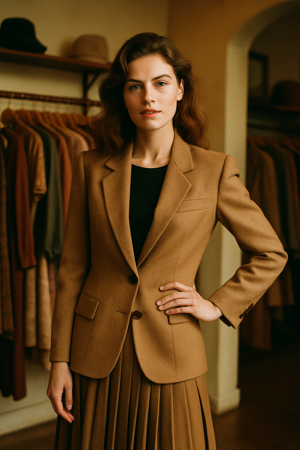 Editorial-style vintage outfit with a tailored 80s blazer and pleated skirt
