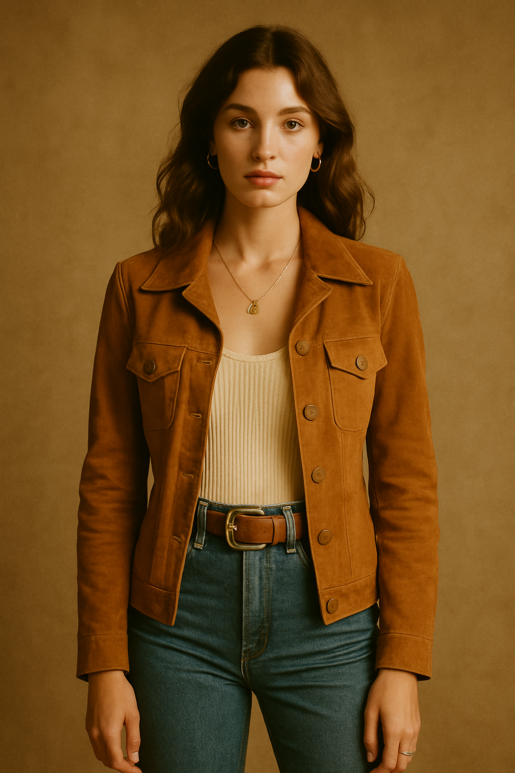 Model wearing a caramel suede jacket and high-waisted denim in a warm, grainy studio photo