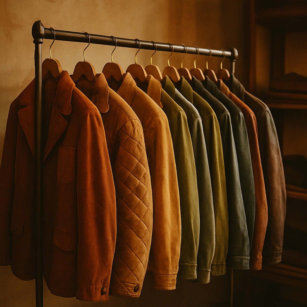 Rack of curated 70s and 80s jackets in earthy colors