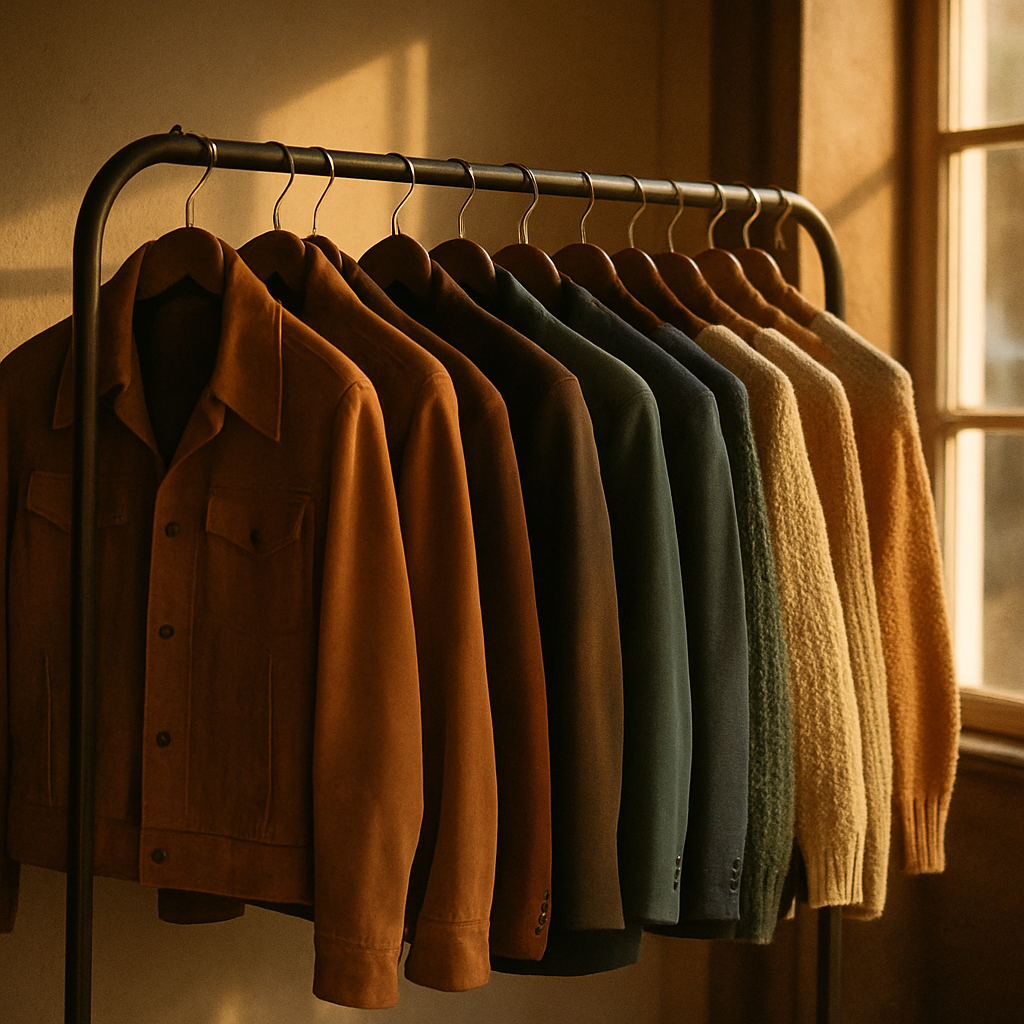 A warm film-style photograph of a vintage clothing rack with 70s suede jackets, 80s statement blazers, and textured knits glowing in soft afternoon light
