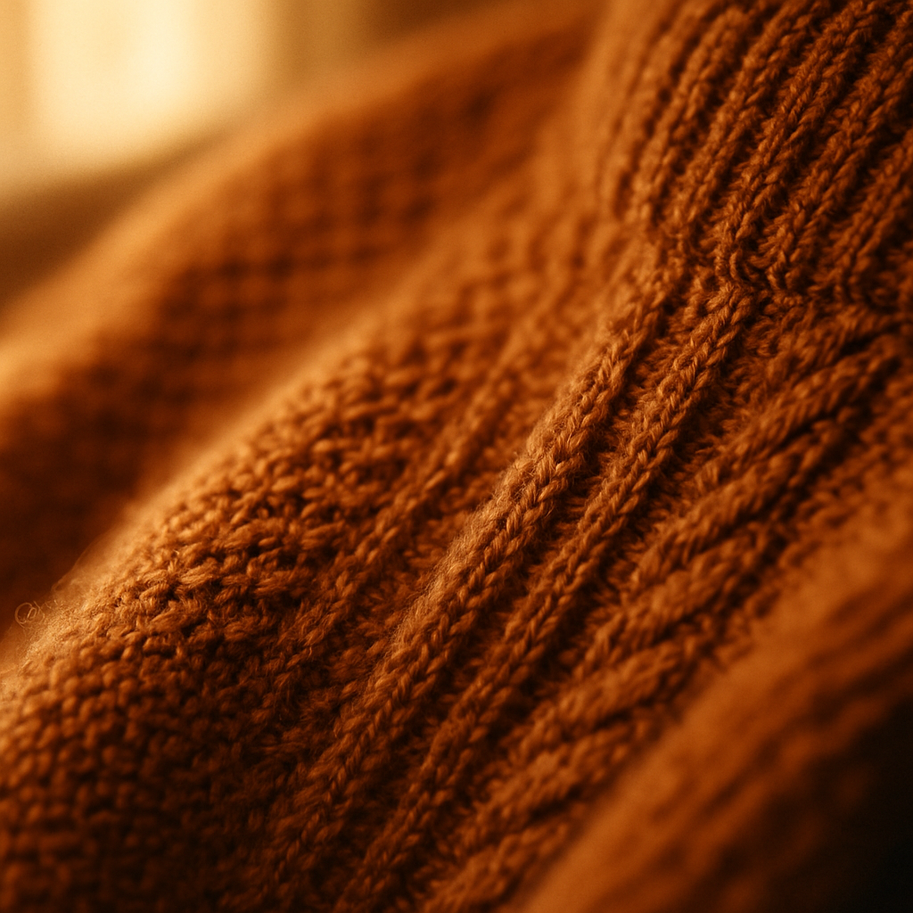 Close-up of a warm-toned vintage knit with textured stitching