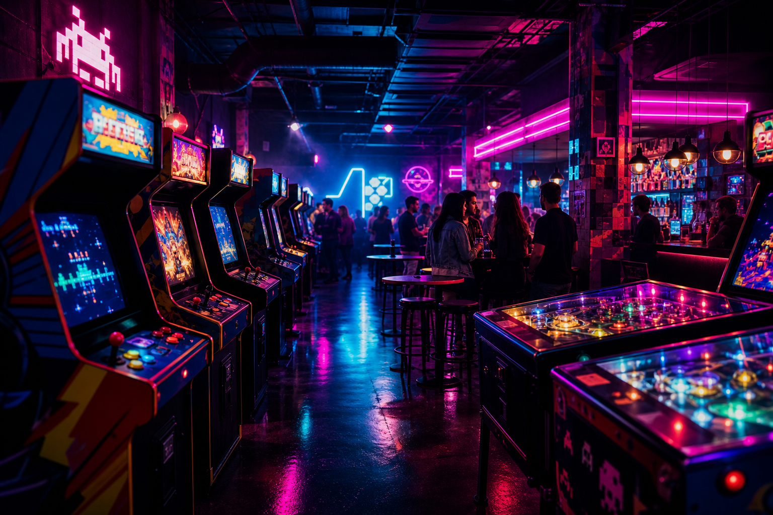 Neon arcade bar interior scene with classic machines and lively nightlife atmosphere
