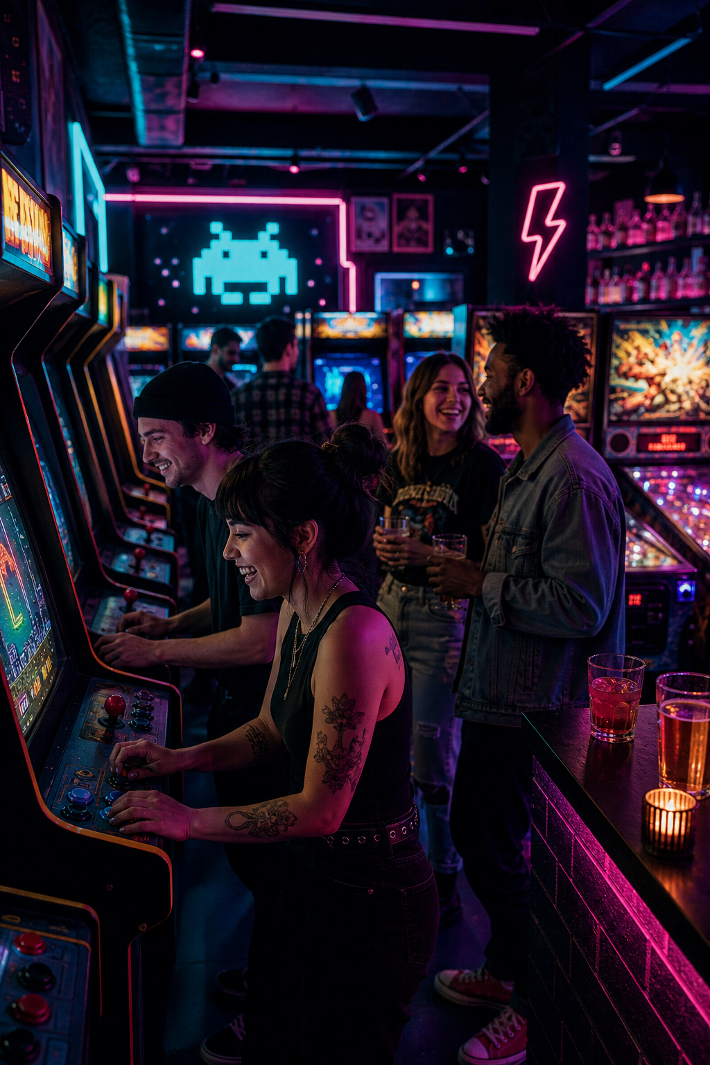 Retro arcade nightlife scene with friends in a neon-lit bar, classic cabinets glowing in cyan and magenta, people laughing and playing together