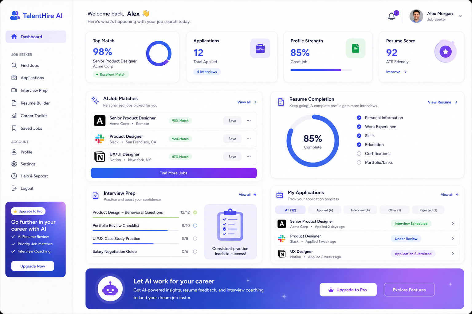 SaaS dashboard mockup showing candidate job matches, resume progress, interview prep checklist, and application tracking