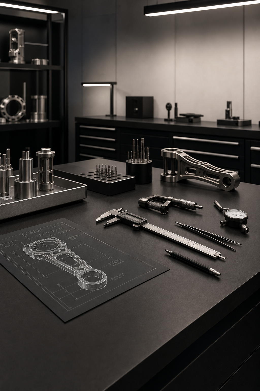 Minimalist industrial engineering studio with matte black workbench, brushed aluminum tools, and precision measurement instruments under soft overhead lighting