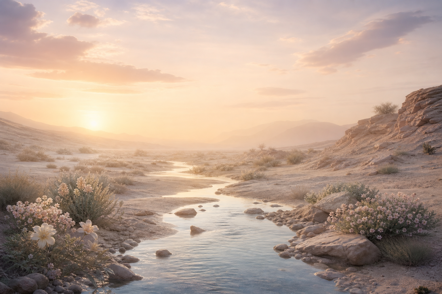 Soft desert horizon at dawn with a winding stream of living water and scattered blossoms in muted pastel tones
