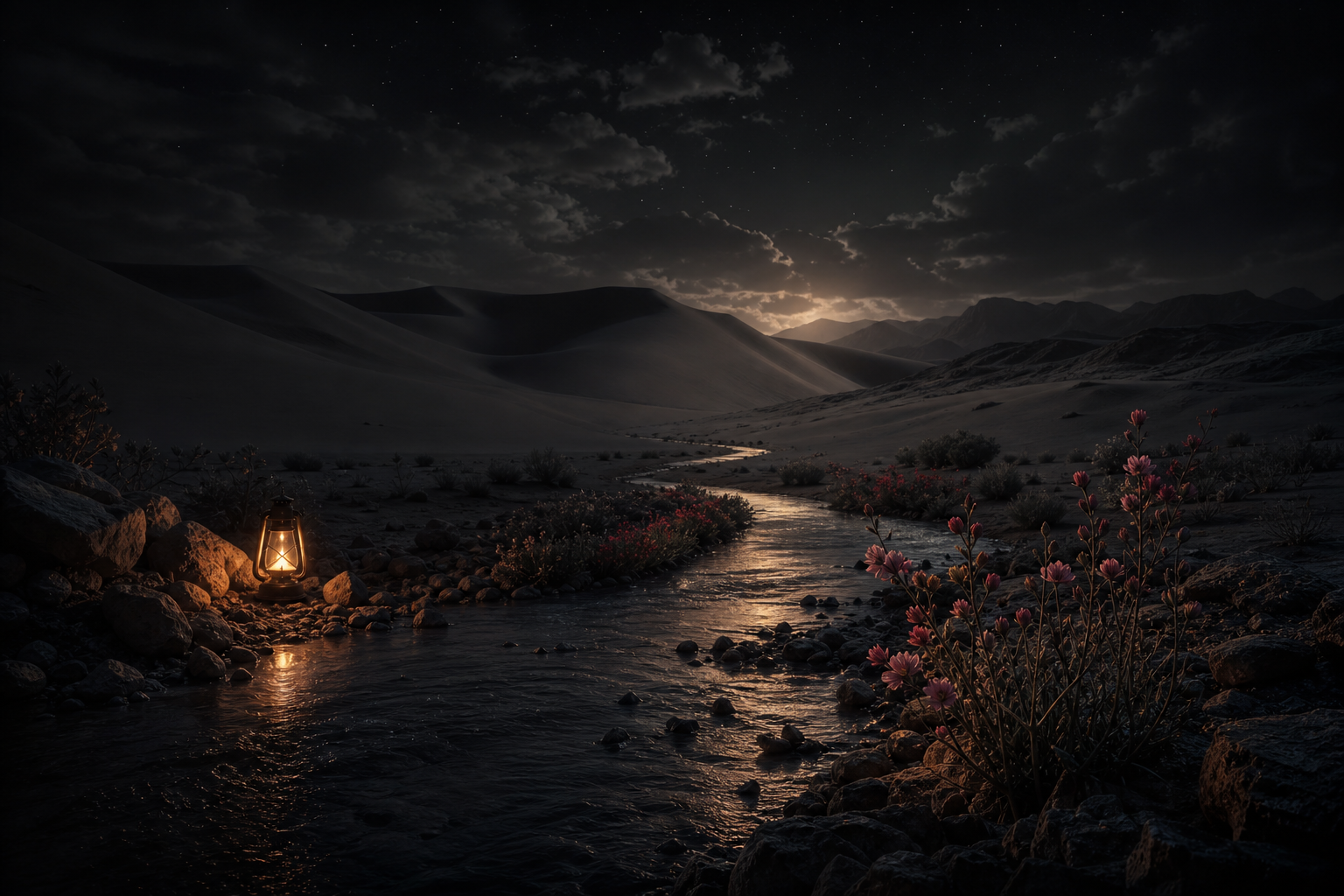 Cinematic night desert landscape with a dim river of living water, rugged dunes, and restrained blossoms under a shadowed sky