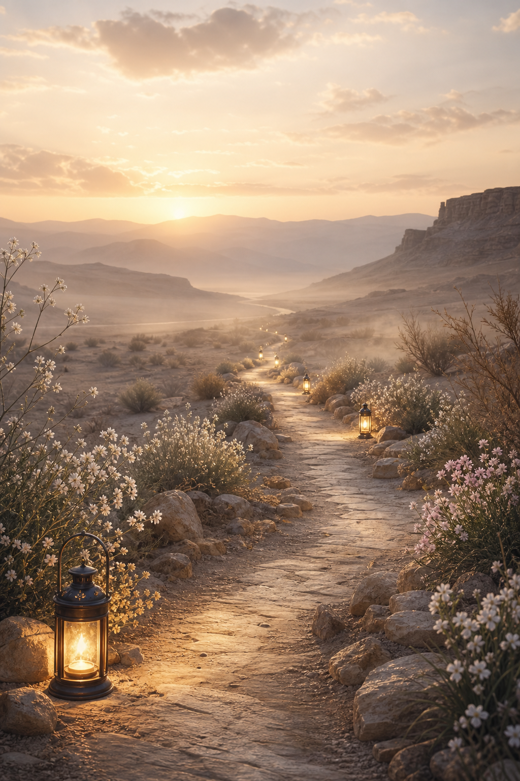 Quiet lamp-lit path at dawn through a desert bloom landscape, evoking watchful prayer and nearness to Christ