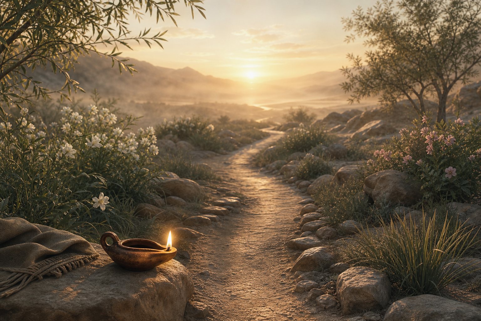 Quiet symbolic illustration of dawn light on a narrow path with a small oil lamp, contemplative and understated