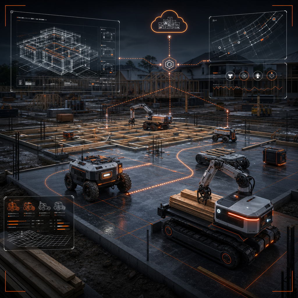 Abstract 3D visualization of coordinated construction robots forming a localized swarm above a residential framing grid with technical HUD overlays