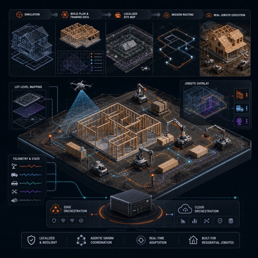 Isometric diagram showing a simulated home build plan flowing into localized site maps, then coordinated swarm robots performing framing and inspection on a residential jobsite