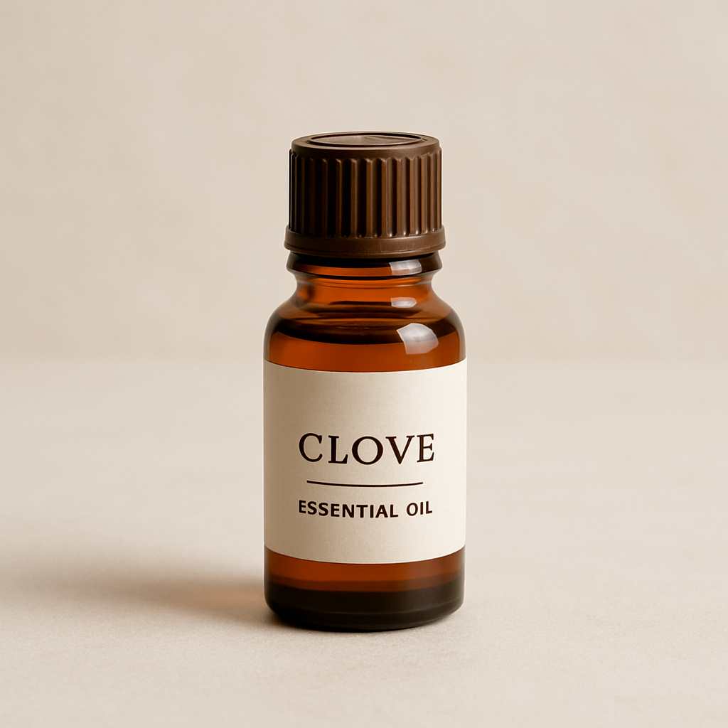 Small brown bottle of clove essential oil with a warm amber hue and minimalist label