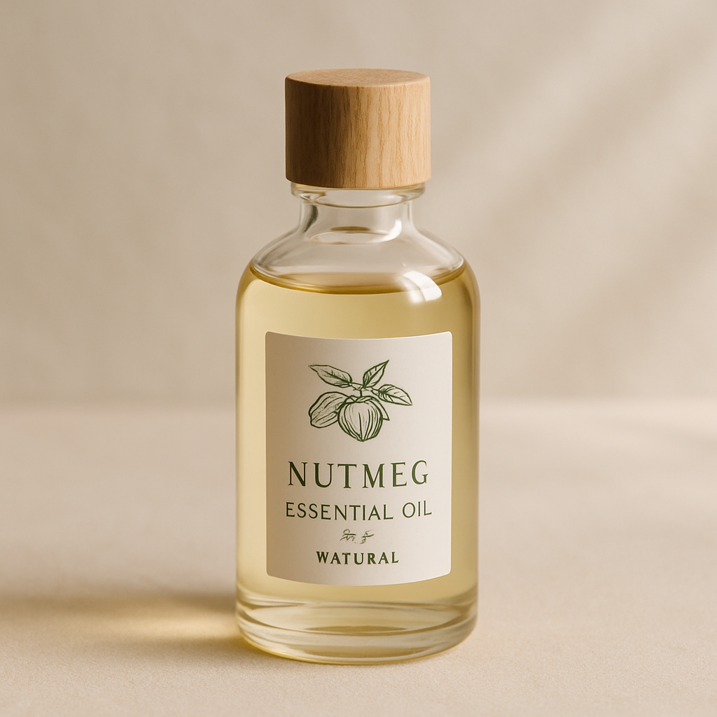 Clear glass bottle of nutmeg essential oil with a pale gold tone and botanical label