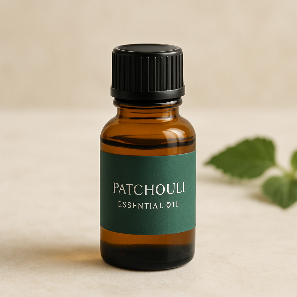 Amber glass bottle of patchouli essential oil with a deep green label and dark golden liquid