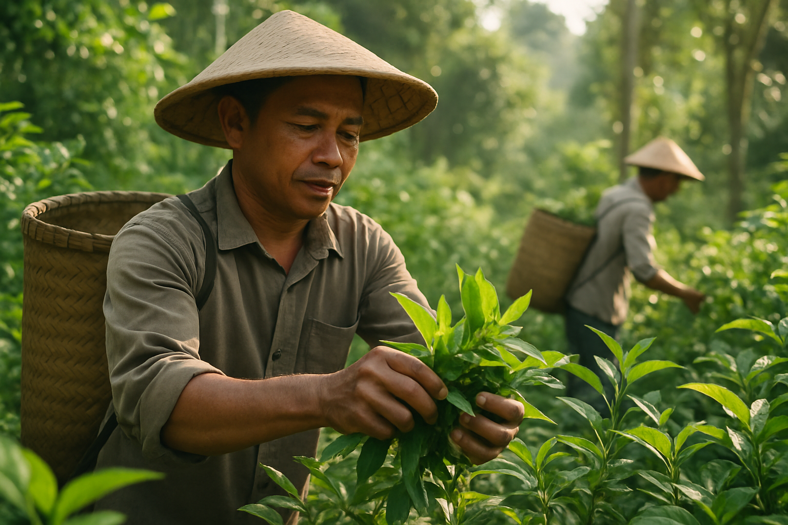Indonesian farmers hand-harvesting aromatic leaves for essential oil distillation in a lush tropical plantation