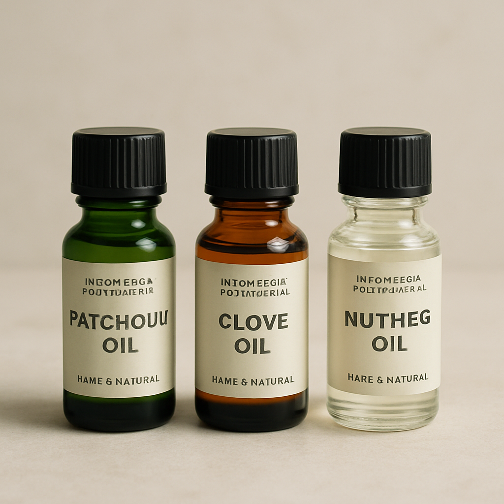Set of three small essential oil vials in green, amber, and clear glass arranged on a neutral surface