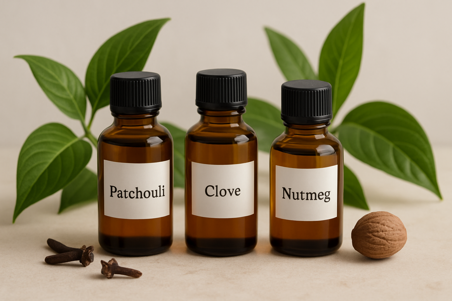 Glass bottles of patchouli, clove, and nutmeg essential oils on a light stone surface with tropical leaves