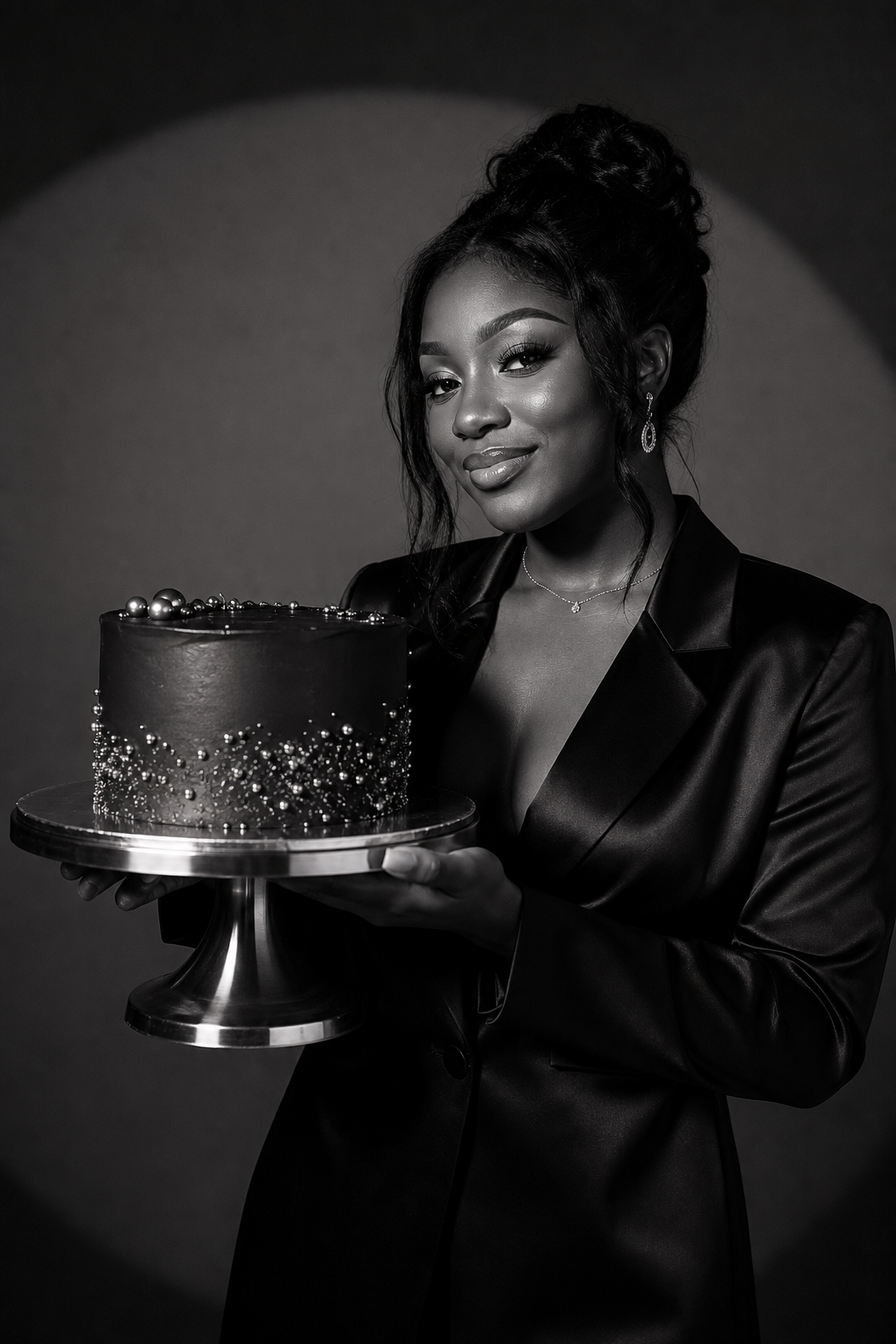 Stylish birthday portrait of a woman in a satin blazer with a metallic cake, monochrome studio backdrop