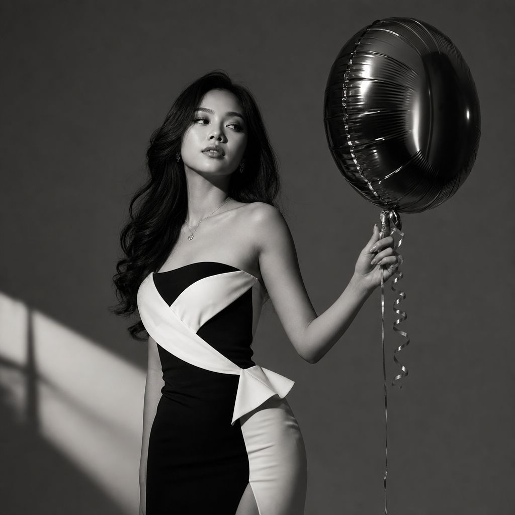 Celebrant in a structured monochrome dress holding a metallic balloon with dramatic side lighting