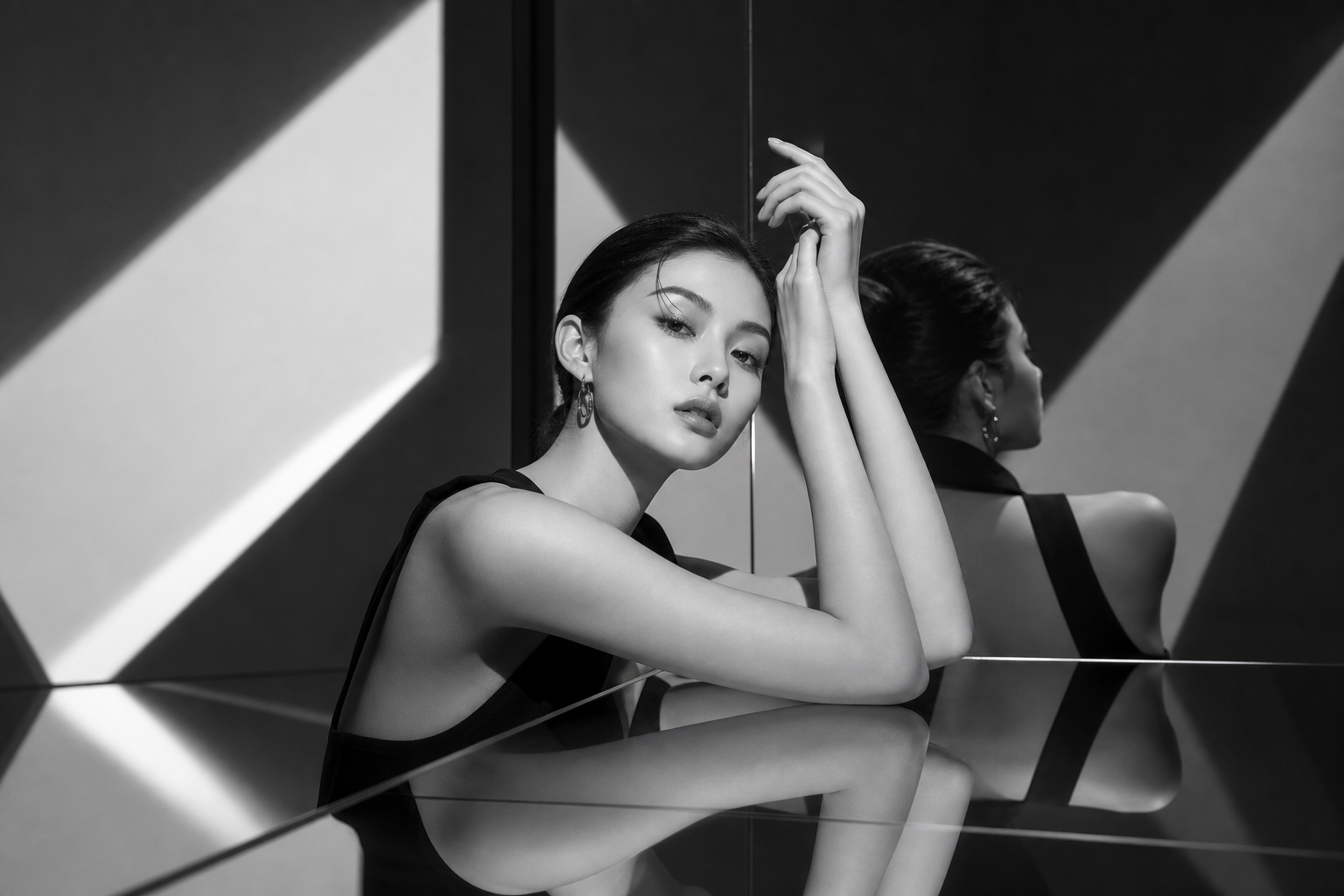 Creative portrait concept featuring a woman with sculptural lighting and reflective surfaces in a monochrome set