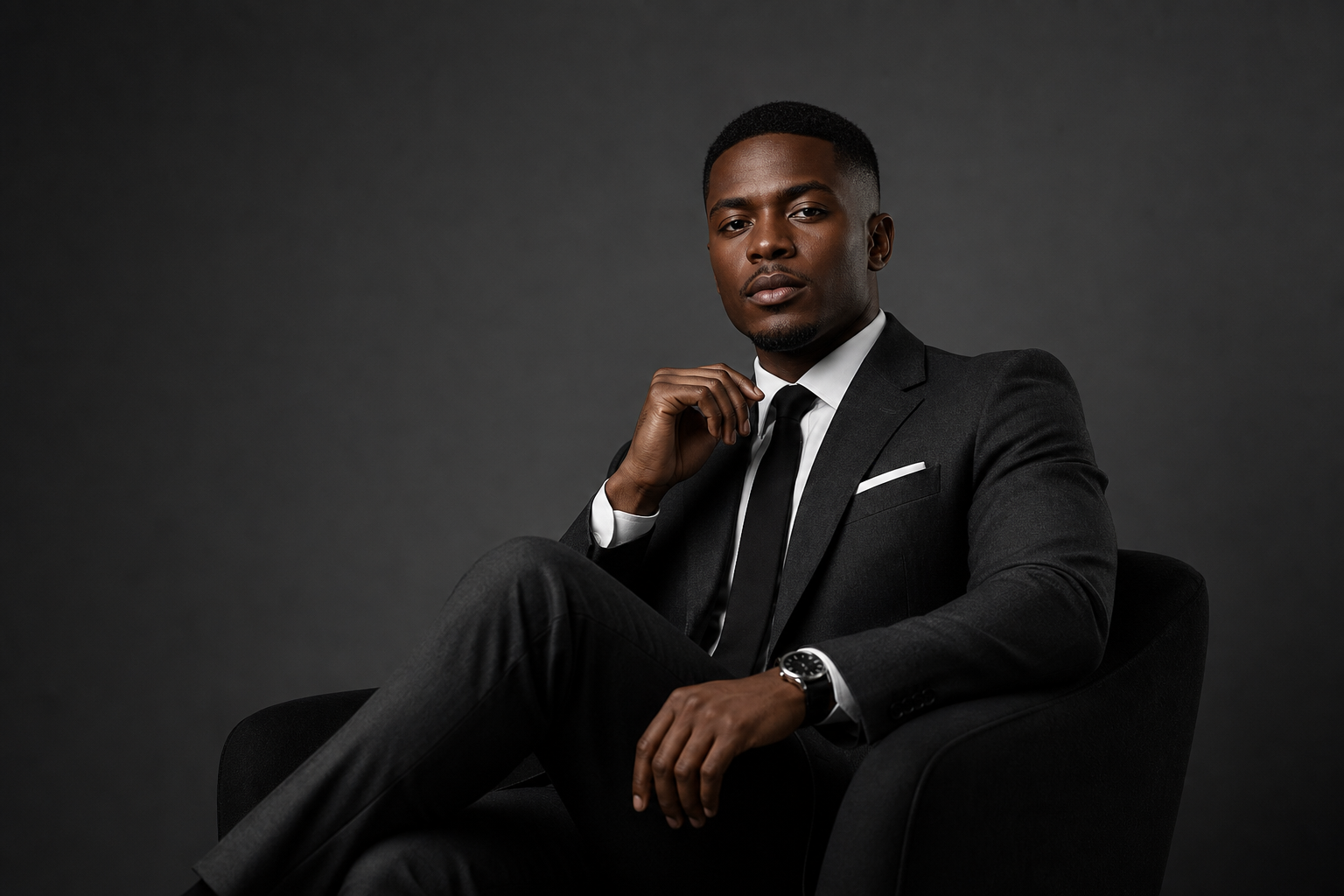 Executive portrait of a professional man in a dark suit with a confident pose, soft directional studio light