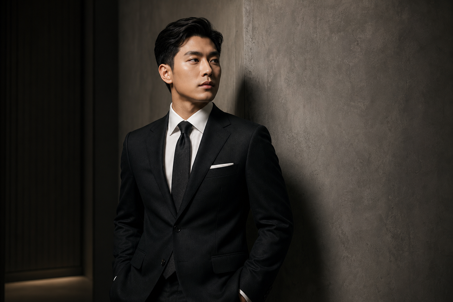 Executive in a tailored dark suit, standing beside a textured wall with refined lighting