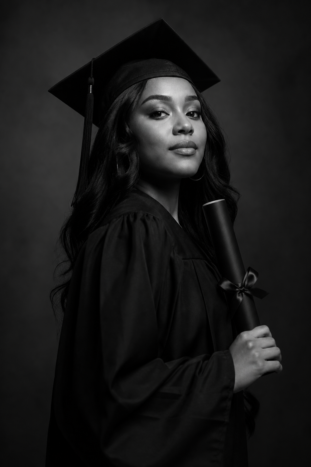 Elegant graduation portrait of a young woman in a black cap and gown holding a diploma, dramatic studio lighting
