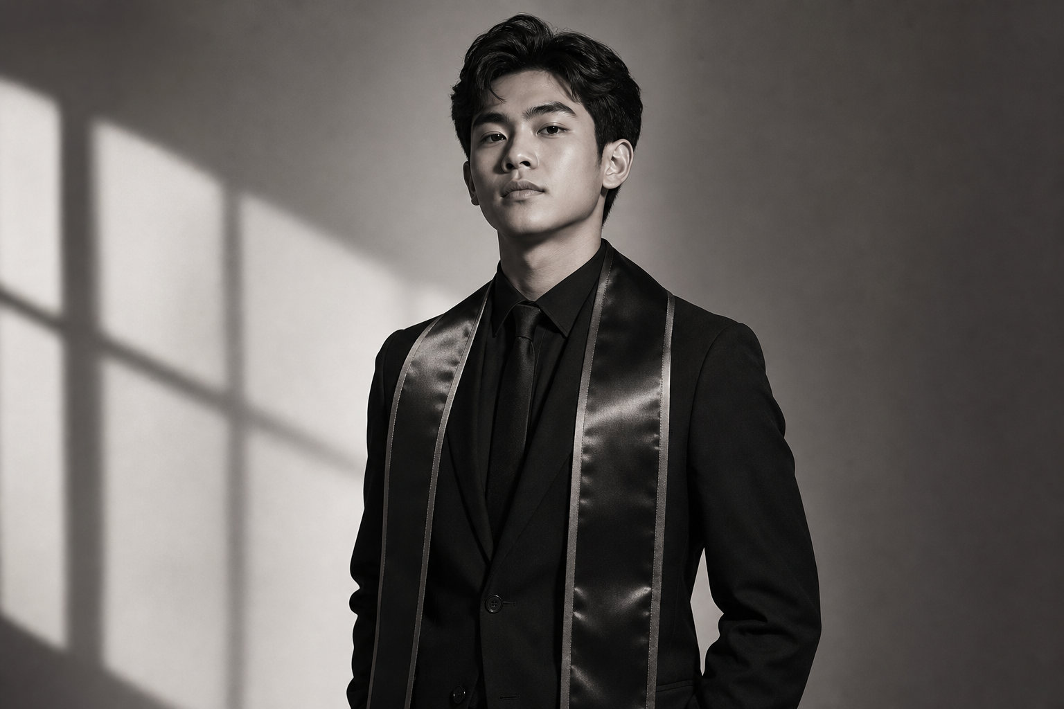 Graduate in elegant black attire with a satin stole, standing against a softly lit studio backdrop