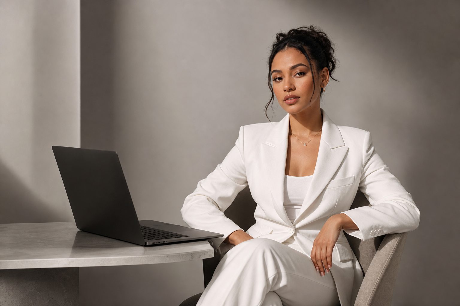 Modern personal branding portrait of a content creator in a tailored white suit seated with a laptop, minimalist studio