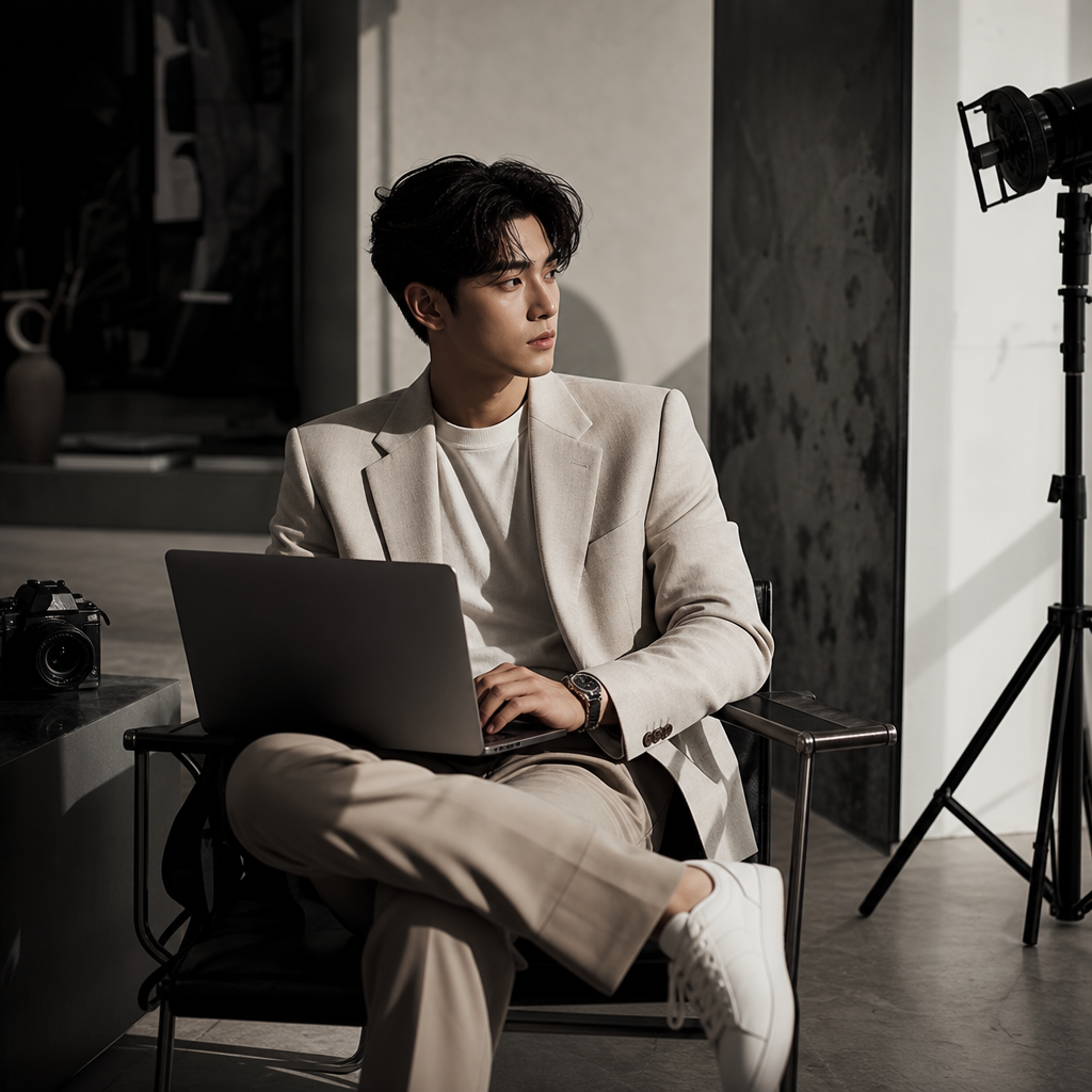 Creative entrepreneur seated with a laptop in a modern studio, styled in a light blazer