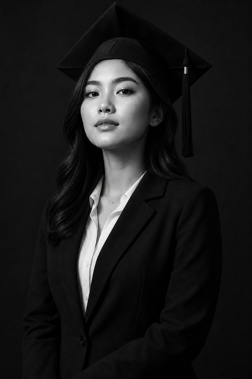 Studio portrait of a poised graduate in a tailored blazer, lit with dramatic monochrome lighting