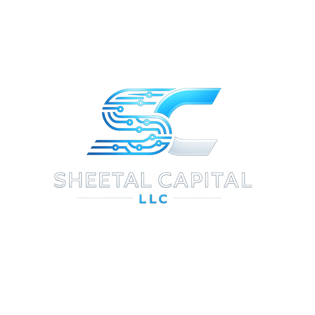 Vision section exclusive logo for Sheetal Capital LLC, modern, tech-forward, navy blue and white color palette, professional and minimalistic style