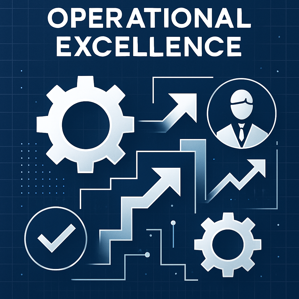 Symbolic image of operational excellence, geometric lines and digital elements, navy, white, and silver, clean and modern