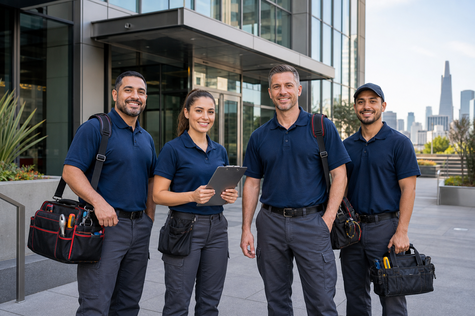 Professional building maintenance crew outside a modern Bay Area office building