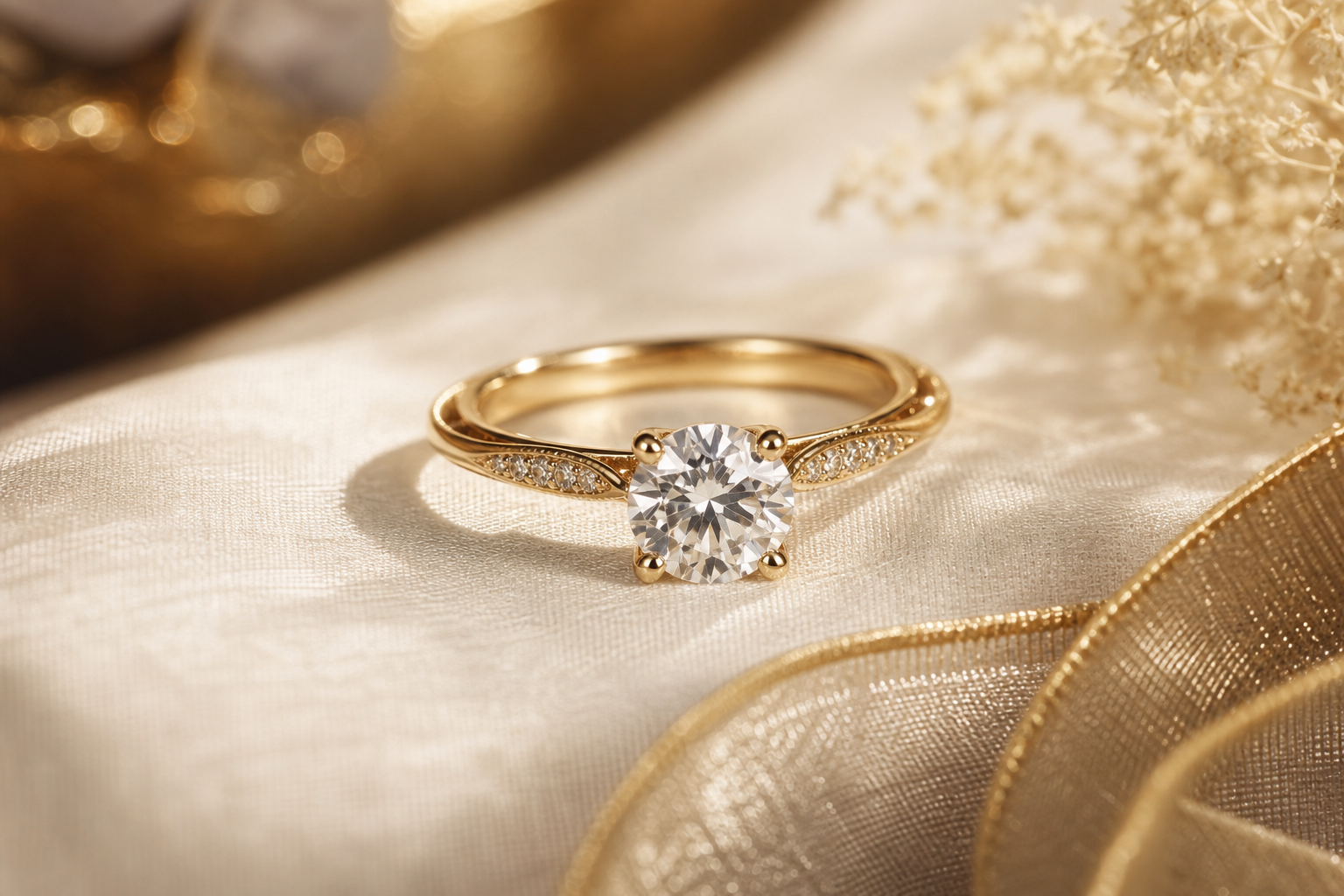Editorial close-up of a champagne-toned gemstone ring resting on textured linen with warm studio lighting