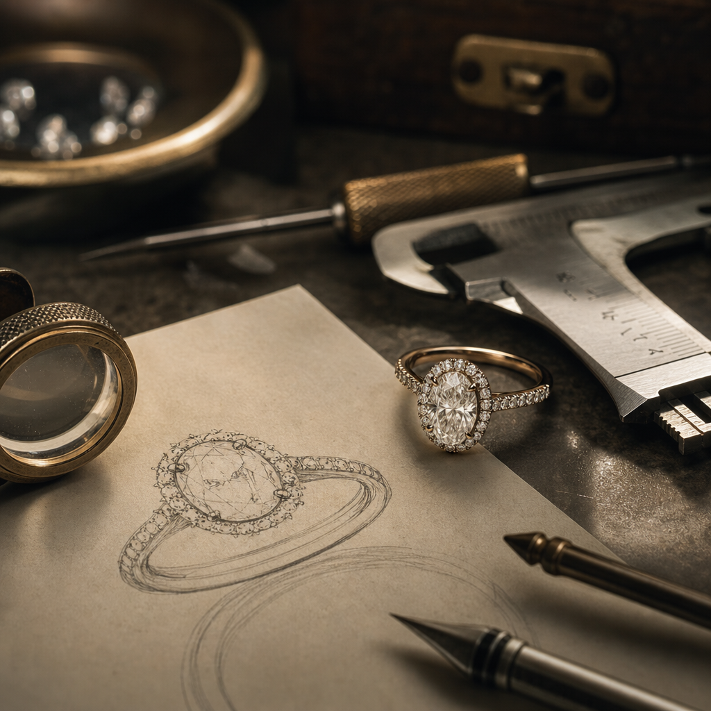 Hand sketch beside an oval lab diamond halo ring and warm gold design tools on a jeweler desk