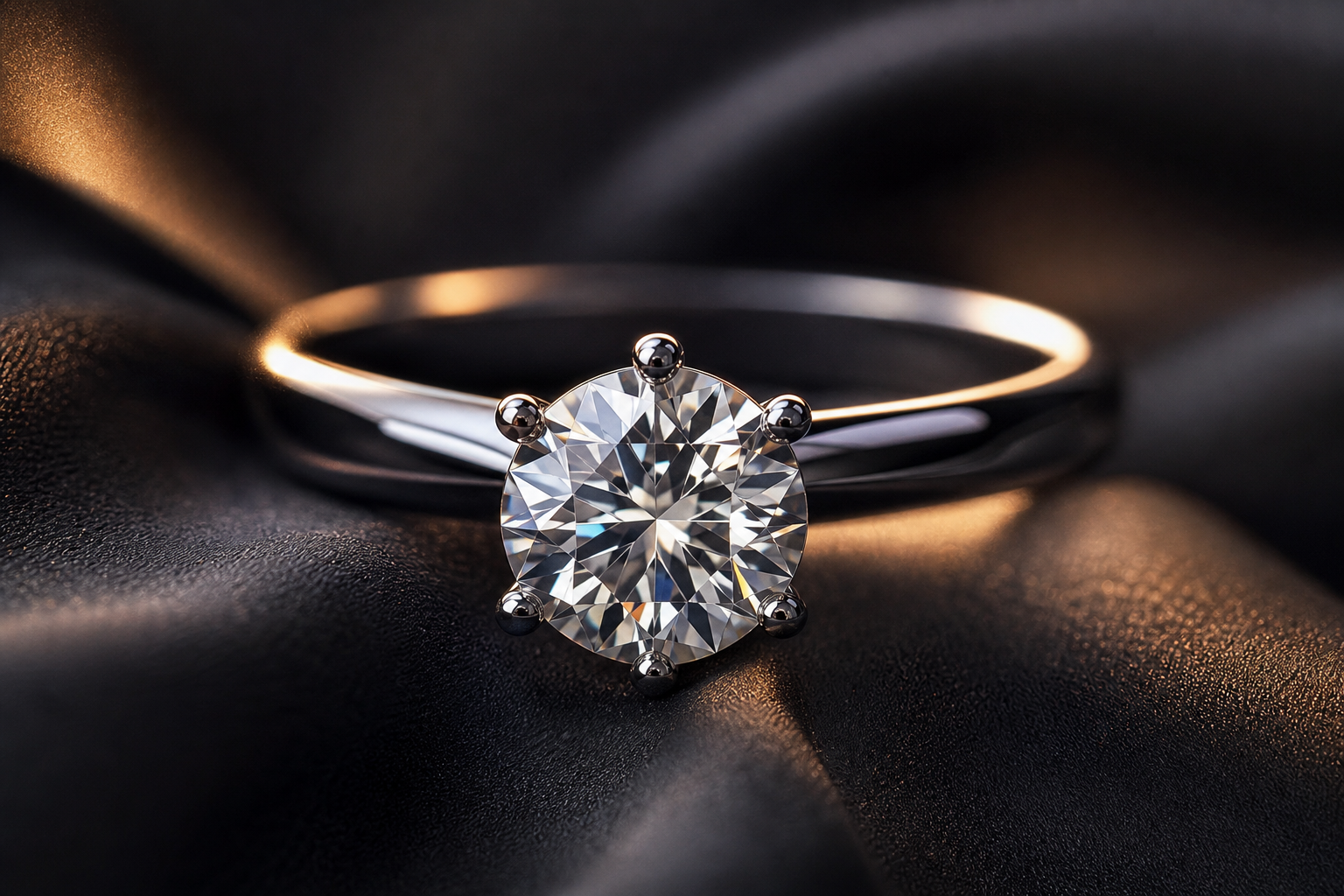 Brilliant USA lab-grown round diamond solitaire in a refined platinum setting on dark silk