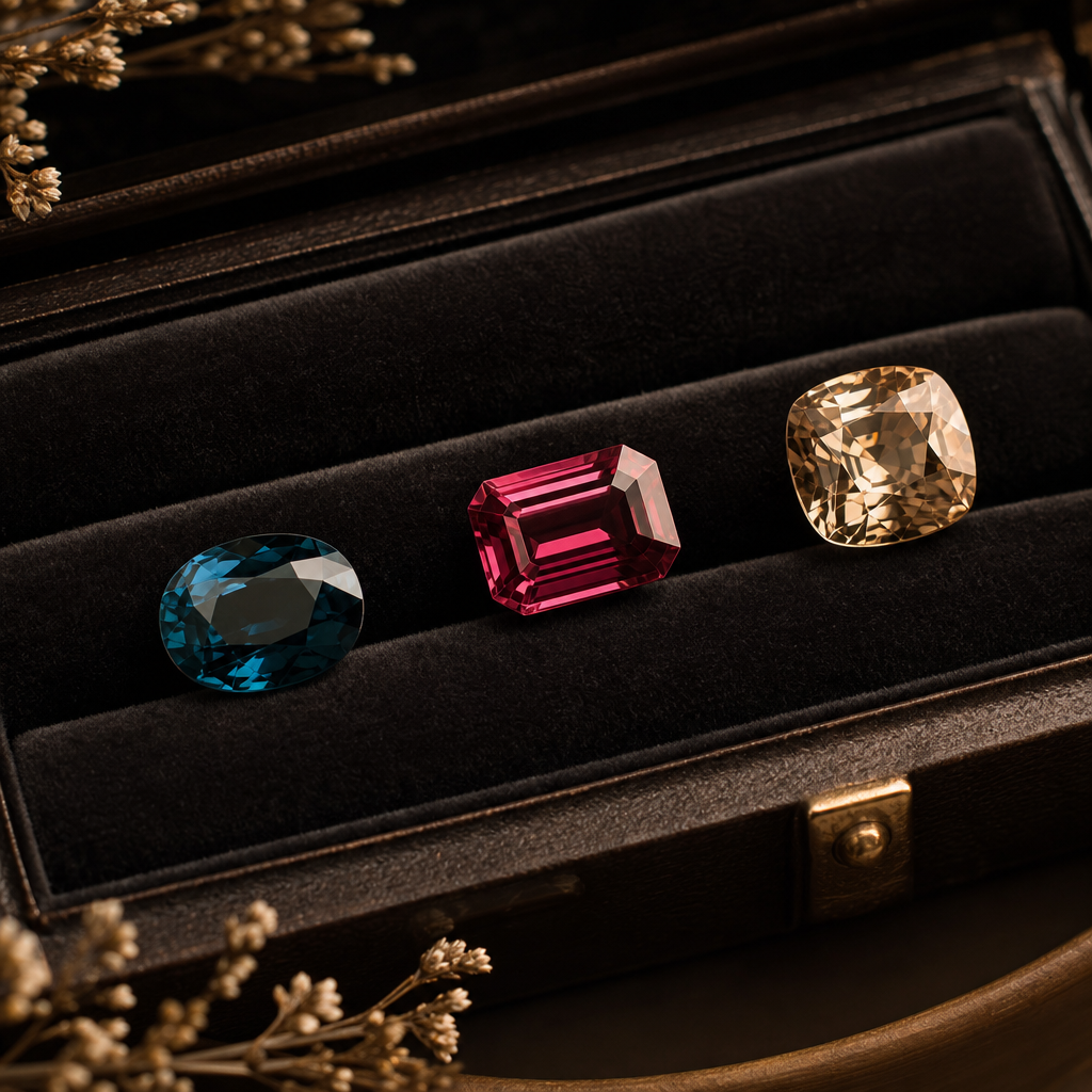 Curated loose gemstones including teal sapphire, emerald-cut spinel, and champagne topaz in velvet trays