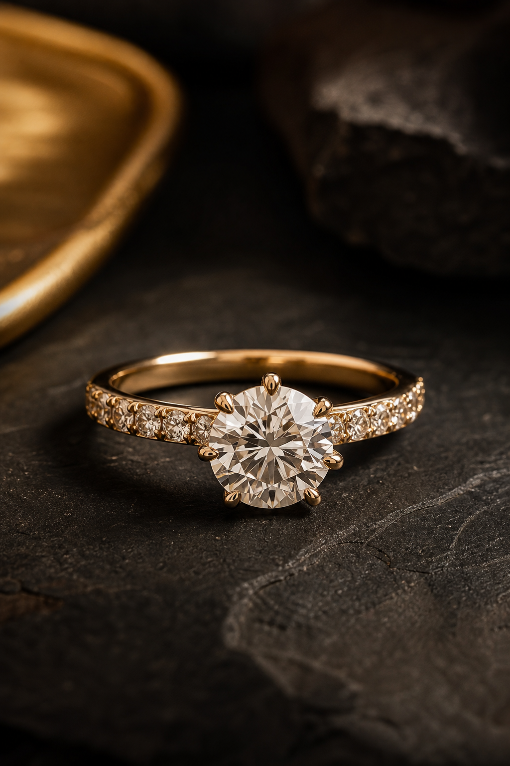 Studio-lit close-up of a USA lab-grown diamond ring with warm metallic setting on a dark textured surface