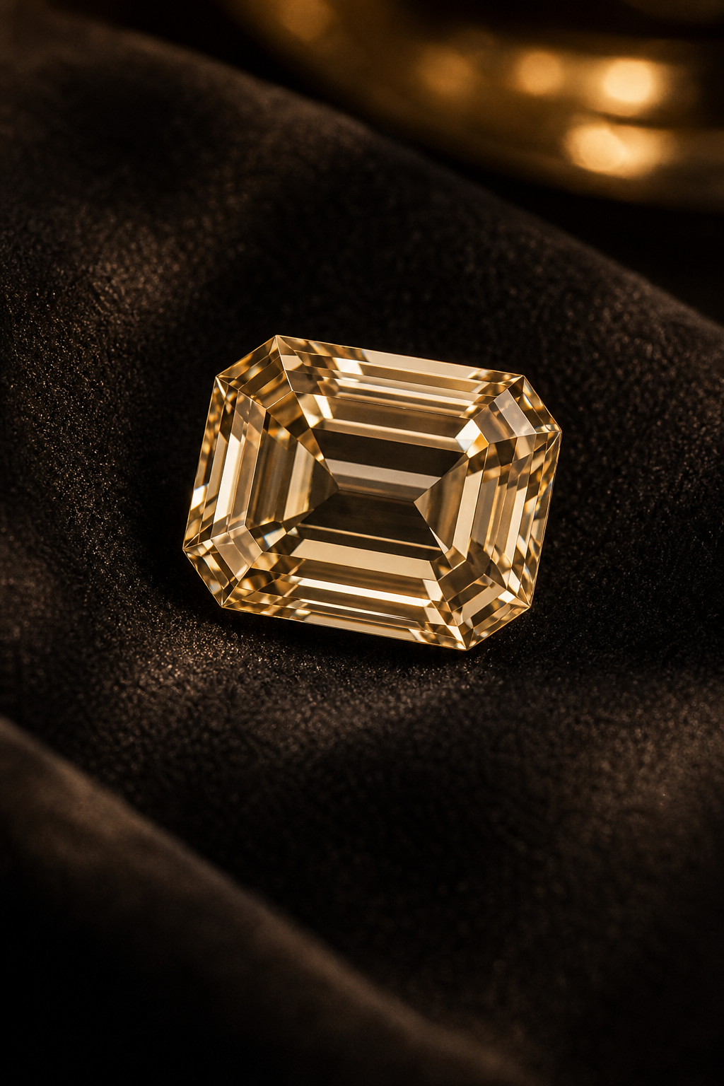 Close-up of an elegant emerald-cut lab-grown gemstone resting on dark velvet with soft warm studio lighting