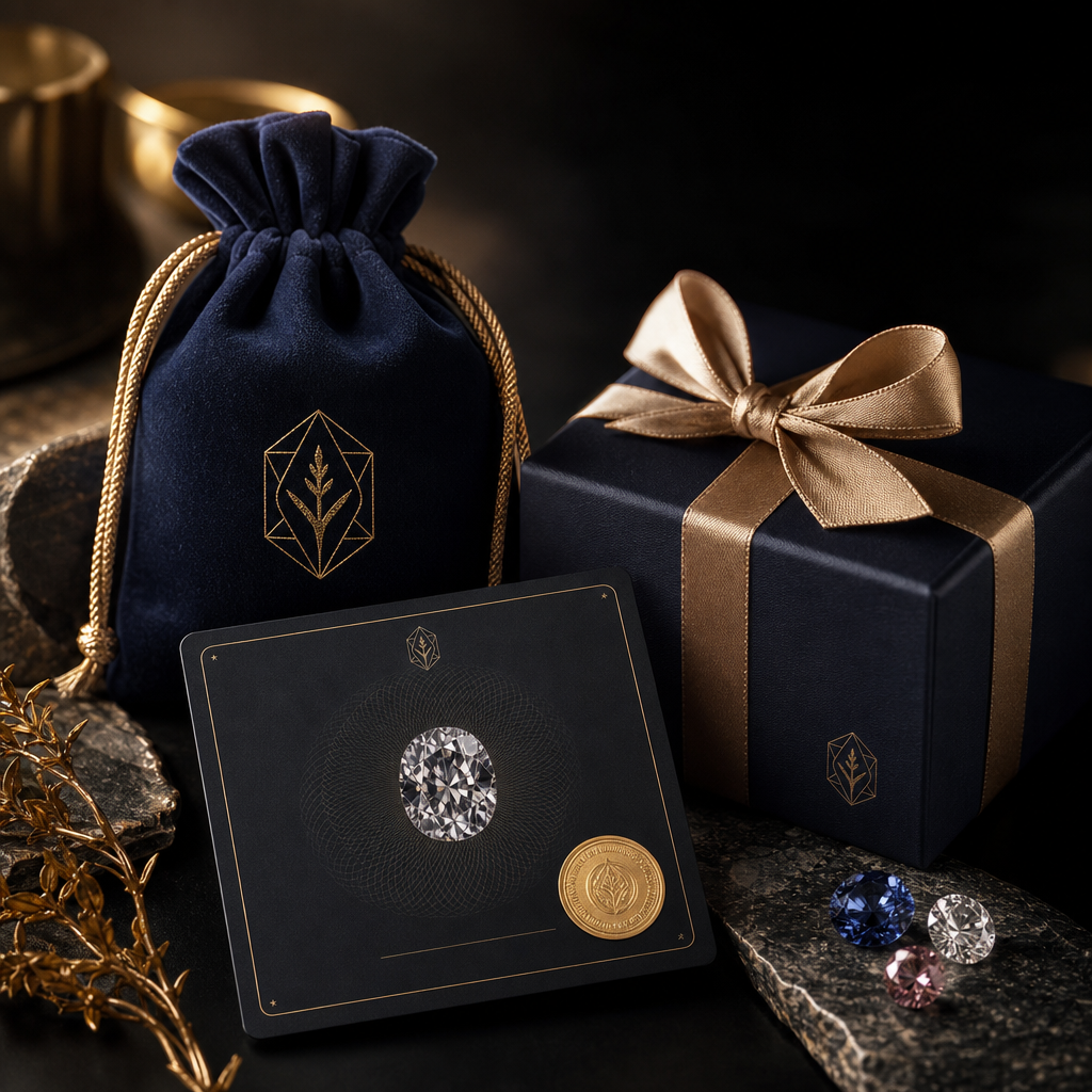 Elegant jewelry parcel with certificate card and wrapped gemstone pouch prepared for a special order request