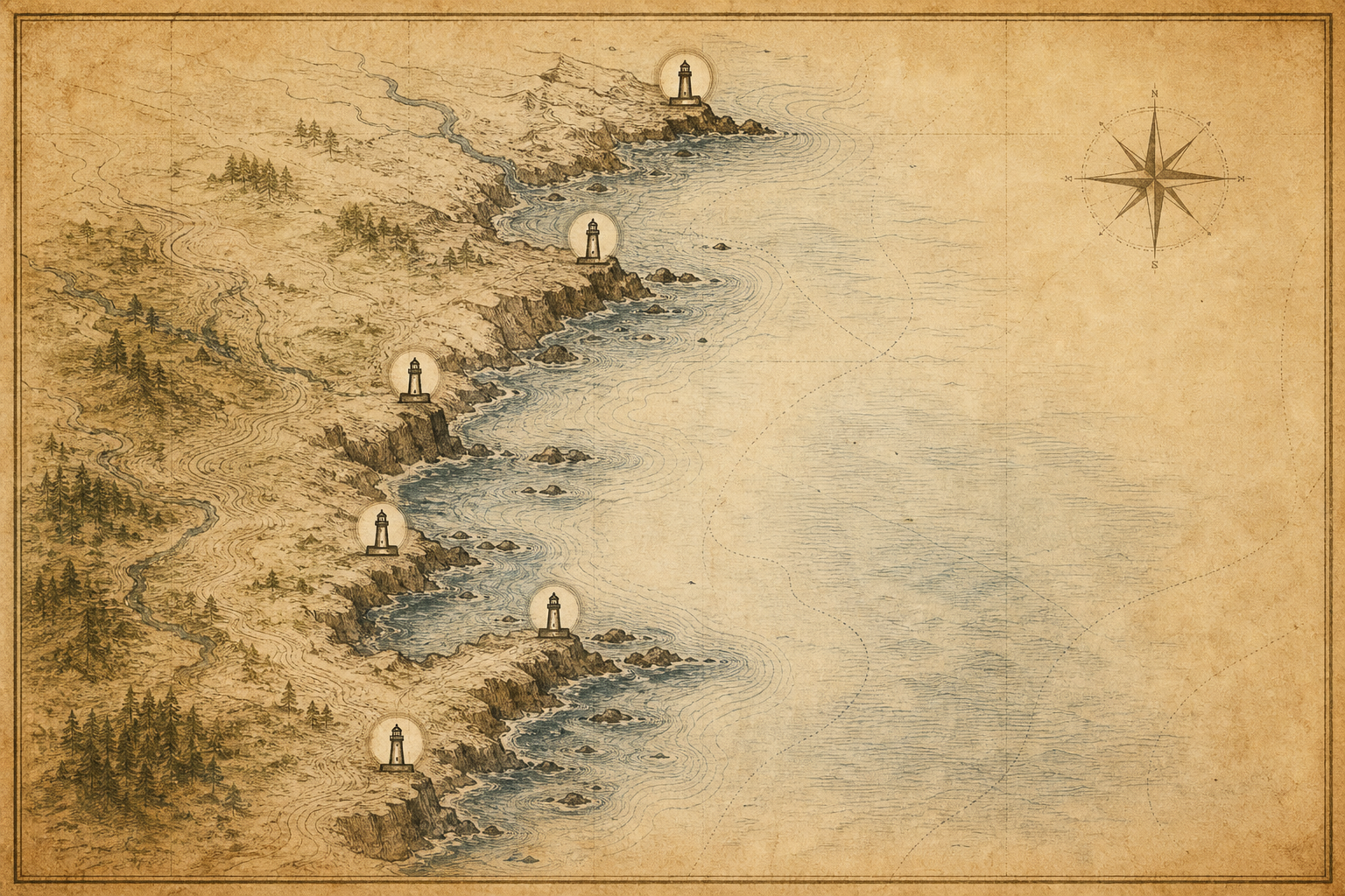 Archival-style illustrated map of the northern coastline with five marked preserved lighthouse points