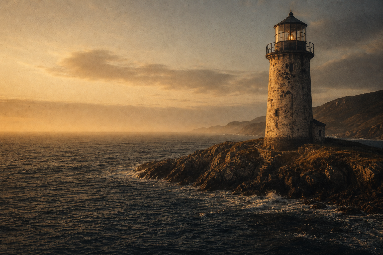 Warm film-style photograph of a solitary stone lighthouse on a rugged northern coastline at low light, with dark sea and misty horizon